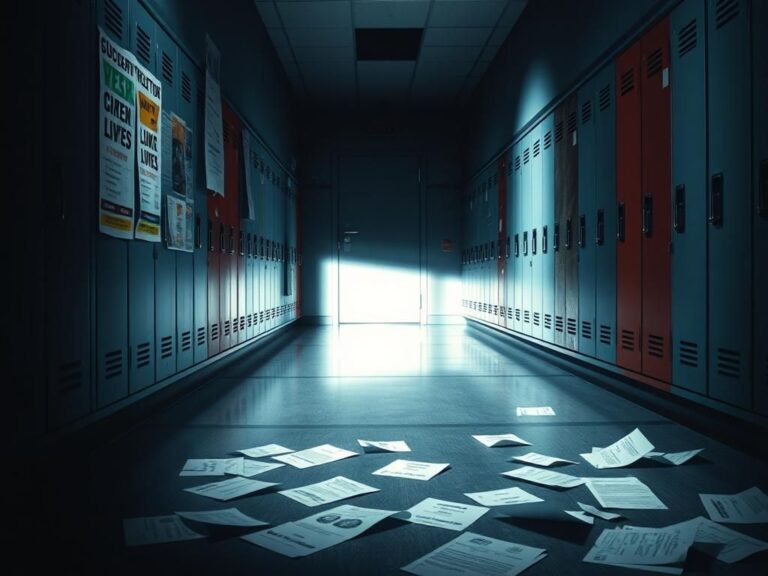 Flick International Dimly lit school hallway with colorful lockers and shadows, symbolizing secrecy