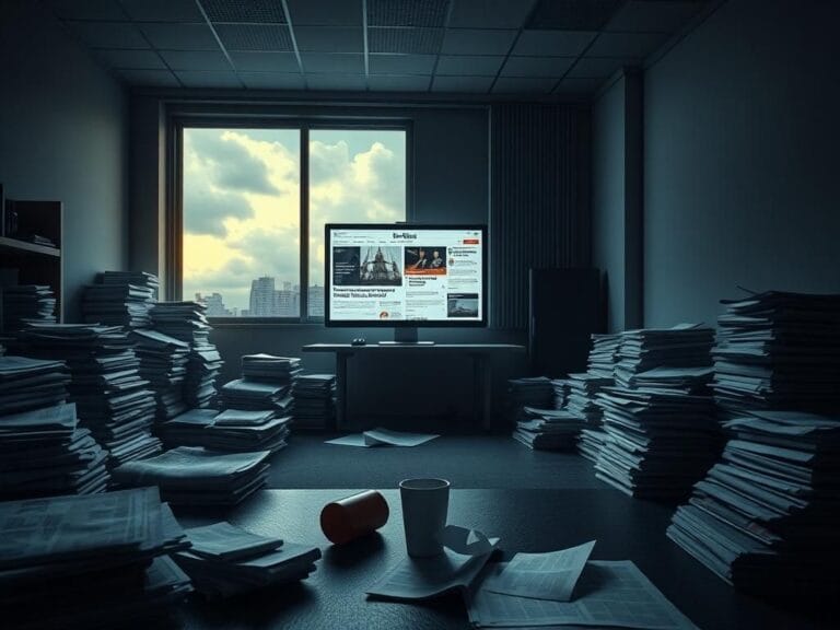 Flick International Empty editorial office space with scattered newspapers and a glowing computer screen