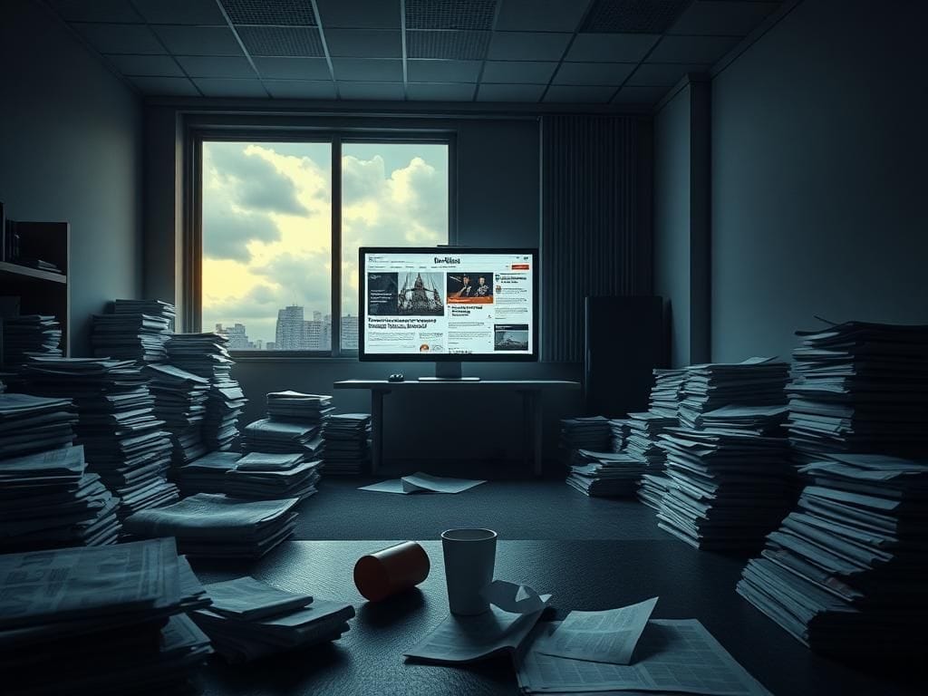 Flick International Empty editorial office space with scattered newspapers and a glowing computer screen