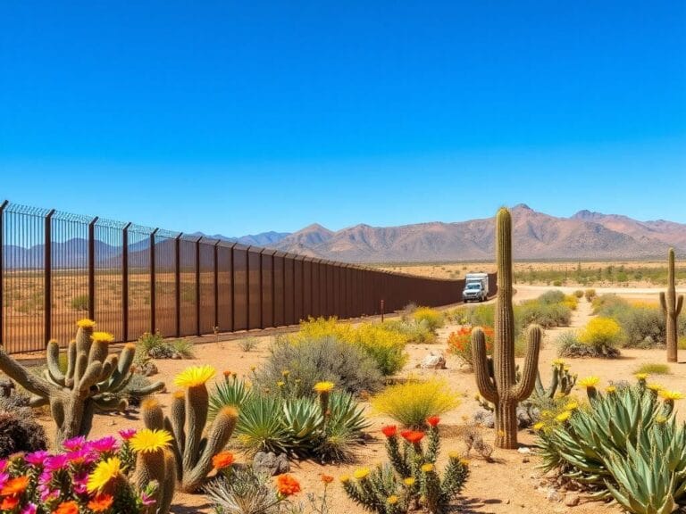 Flick International Serene desert landscape in southern Arizona with a well-maintained border wall, vibrant cacti, and wildflowers under a clear blue sky.