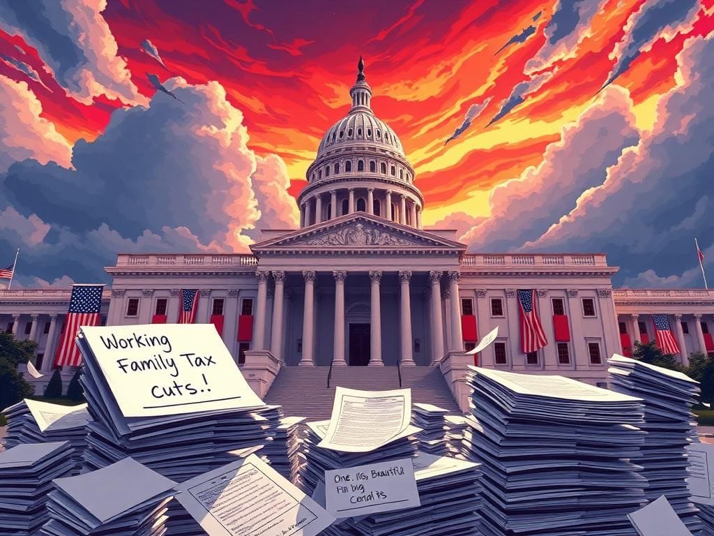 Flick International Illustration of the U.S. Senate building with tax papers symbolizing the GOP tax cuts initiative
