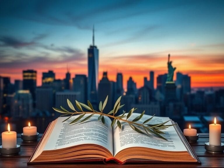 Flick International A symbolic image of NYC skyline at dusk with an olive branch on an open book titled 'Unity'.