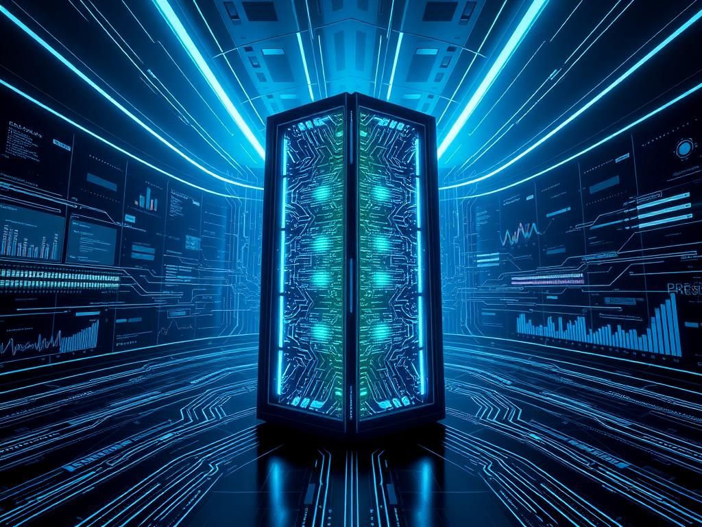 Flick International Futuristic supercomputer with blue and green lights showcasing AI technology
