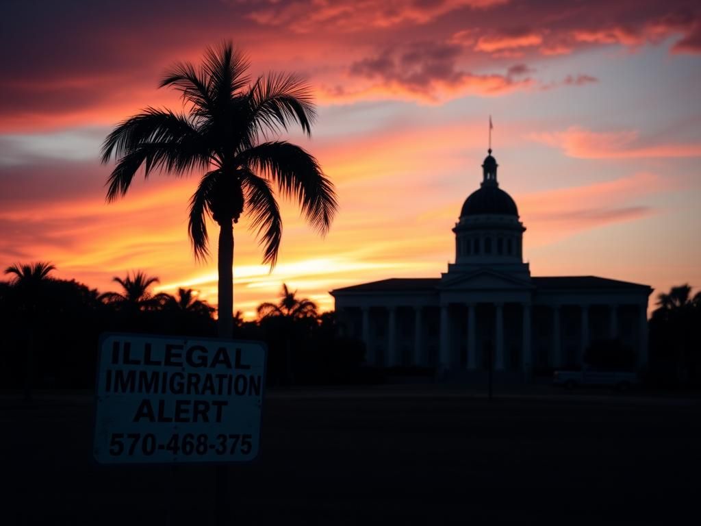 Flick International A dramatic sunset over a Florida courthouse with palm trees and an immigration alert sign
