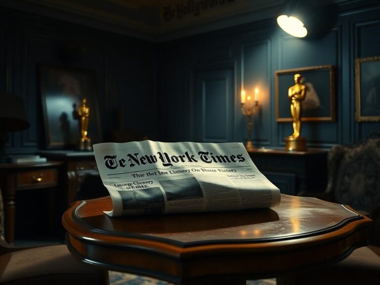 Flick International Elegant Hollywood room featuring a vintage wooden table with George Clooney's op-ed in the New York Times