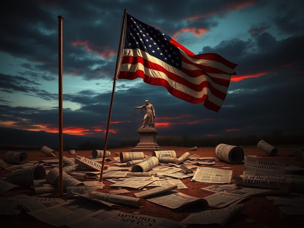 Flick International A partially torn American flag fluttering in a dimly lit setting, symbolizing the fragility of democracy