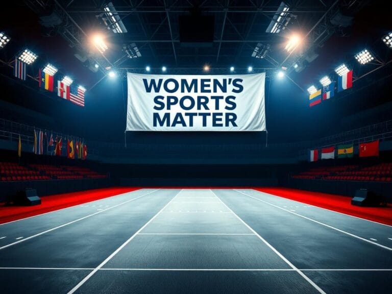 Flick International Empty fencing piste illuminated in a dramatic sports arena with a 'Women's Sports Matter' banner