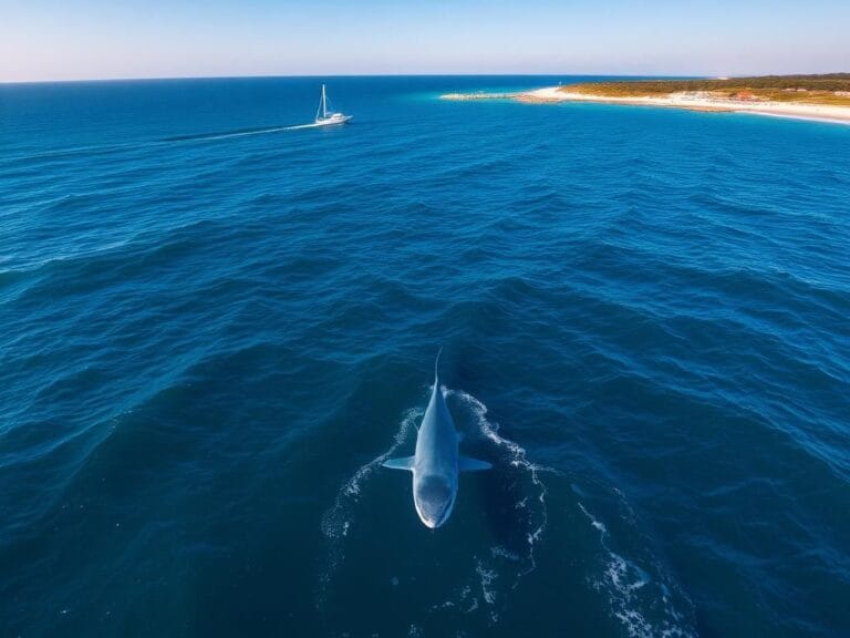 Flick International Aerial view of the Atlantic Ocean near Nantucket with a great white shark hinting beneath the surface