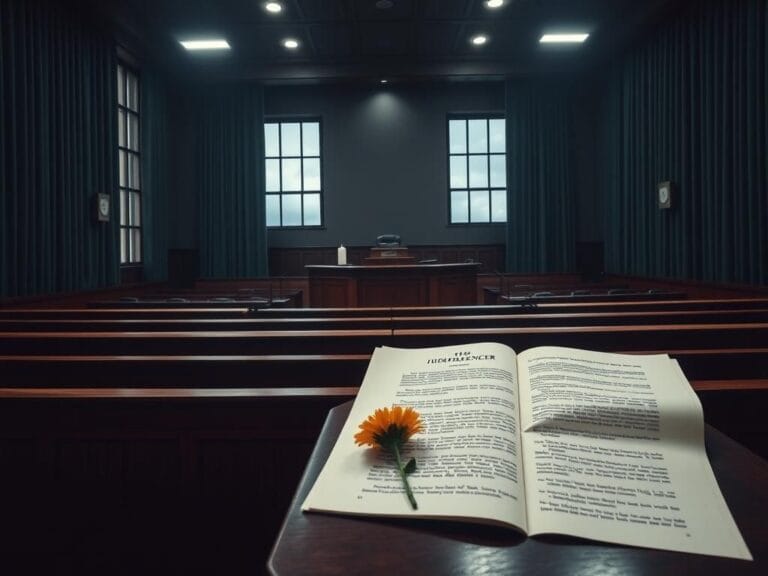 Flick International Somber courtroom scene depicting empty benches and a judge's bench with overhead lights