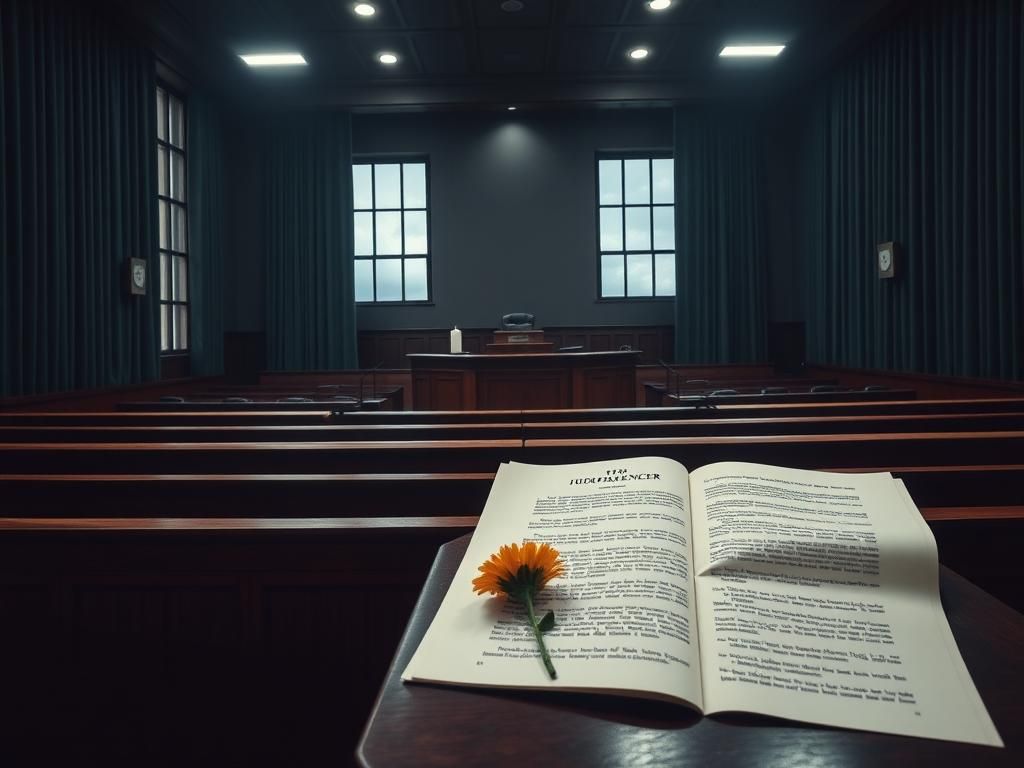 Flick International Somber courtroom scene depicting empty benches and a judge's bench with overhead lights