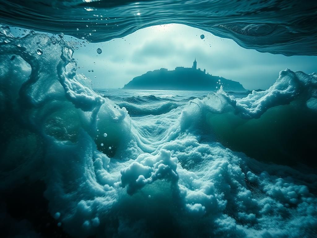 Flick International Dramatic underwater scene depicting turbulent waters of the San Francisco Bay with Alcatraz Island in the background