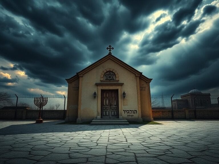 Flick International Weathered synagogue in Iran under dark storm clouds