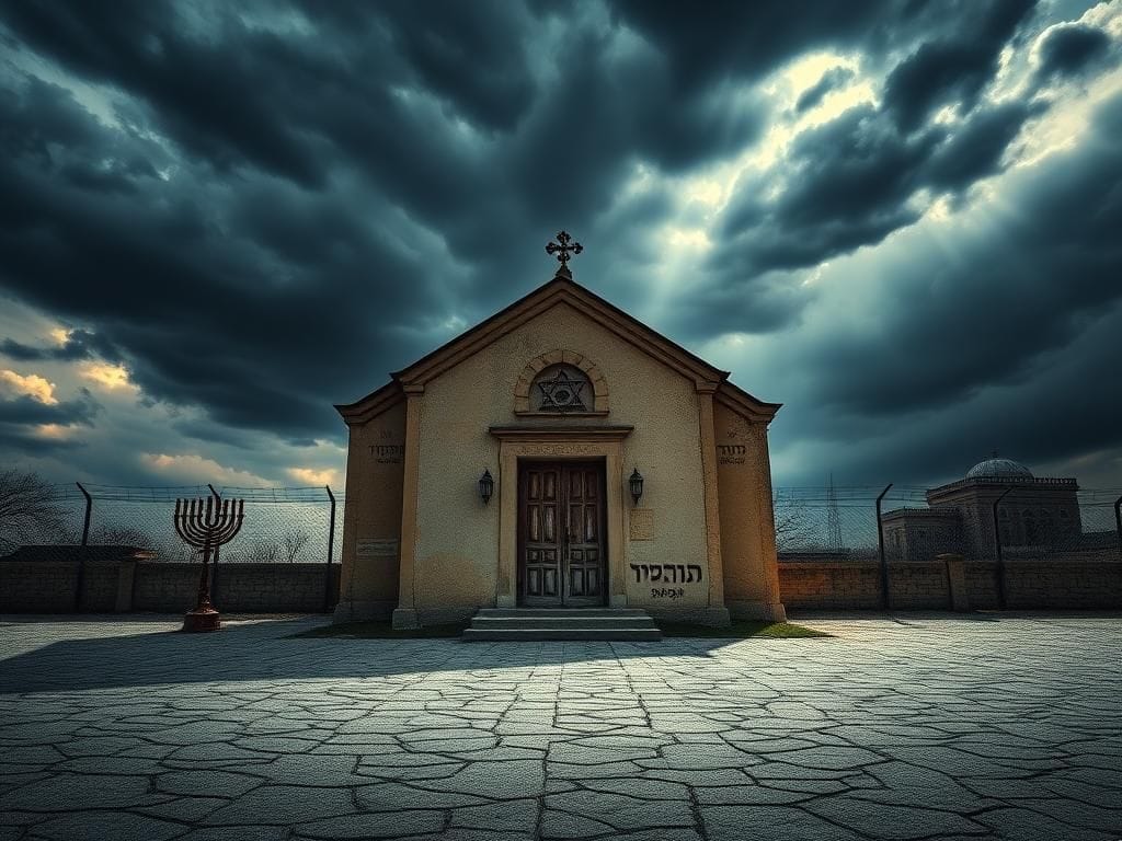 Flick International Weathered synagogue in Iran under dark storm clouds