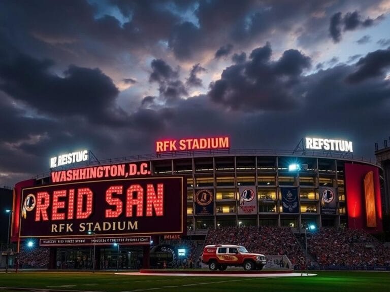 Flick International A vibrant exterior view of RFK Stadium at dusk with a vintage 'Washington Redskins' sign