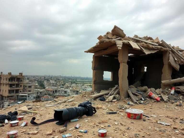 Flick International A desolate urban landscape in Gaza, showing ruins of bombed-out buildings and a makeshift shelter.