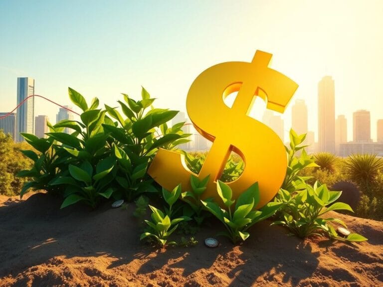 Flick International Oversized golden dollar sign surrounded by lush green plants symbolizing economic growth and opportunity