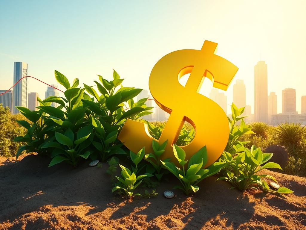 Flick International Oversized golden dollar sign surrounded by lush green plants symbolizing economic growth and opportunity