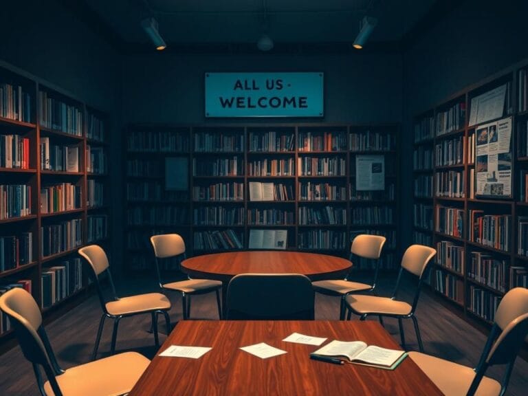 Flick International Interior view of a library showcasing religious and LGBTQ+ literature