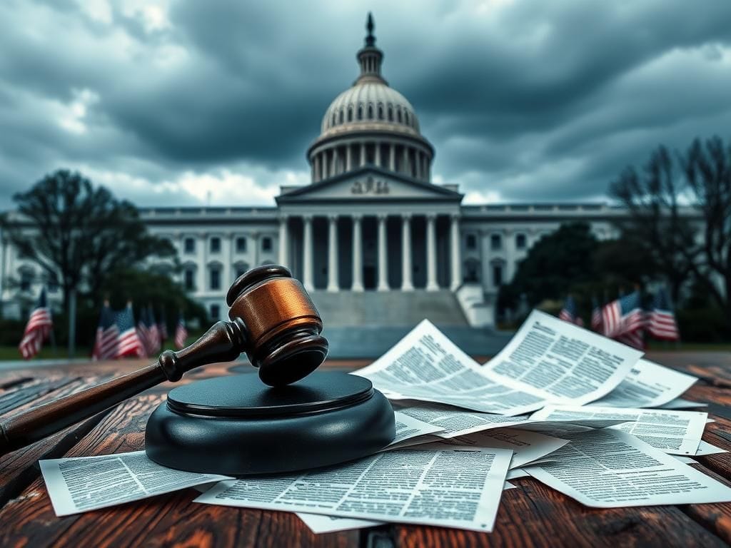 Flick International A dramatic composition of the U.S. Capitol with a gavel, symbolizing political tension during judicial nomination.