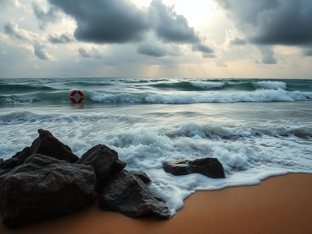 Flick International A dramatic seascape at Hollywood Beach showing turbulent waves and rocky shoreline