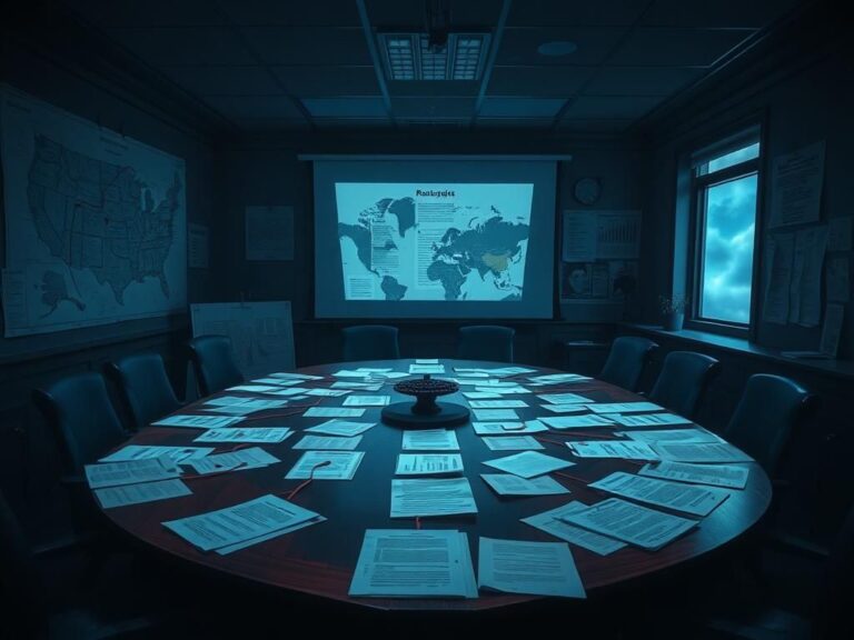 Flick International A dimly lit war room filled with classified documents and maps symbolizing complex intelligence operations.