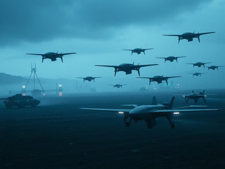 Flick International Futuristic battlefield scene showcasing autonomous drones and advanced military technology