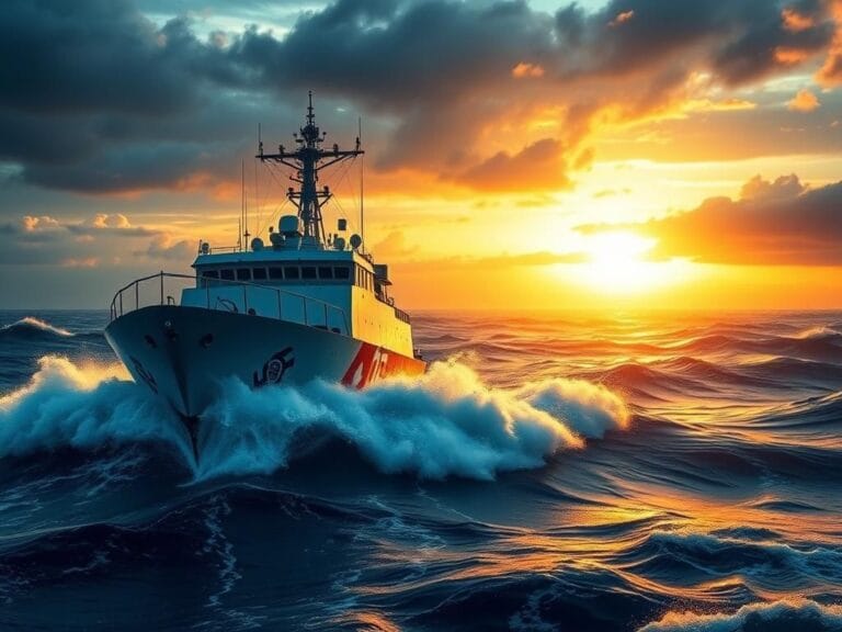 Flick International Powerful Coast Guard vessel navigating turbulent ocean waters