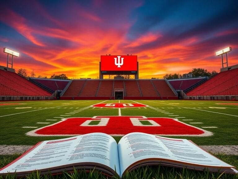 Flick International A vibrant dusk scene of the Indiana Hoosiers football stadium, showcasing crimson and cream colors with a dramatic sunset backdrop.