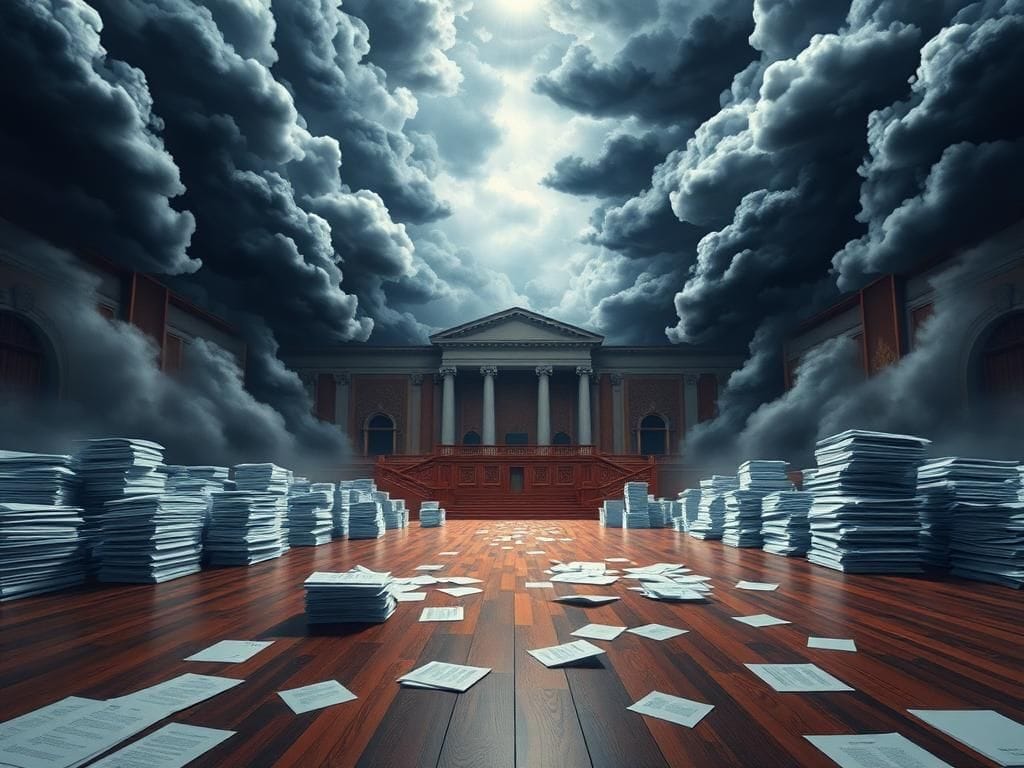 Flick International Abstract representation of a governmental chamber with swirling gray clouds symbolizing tension in the House of Representatives