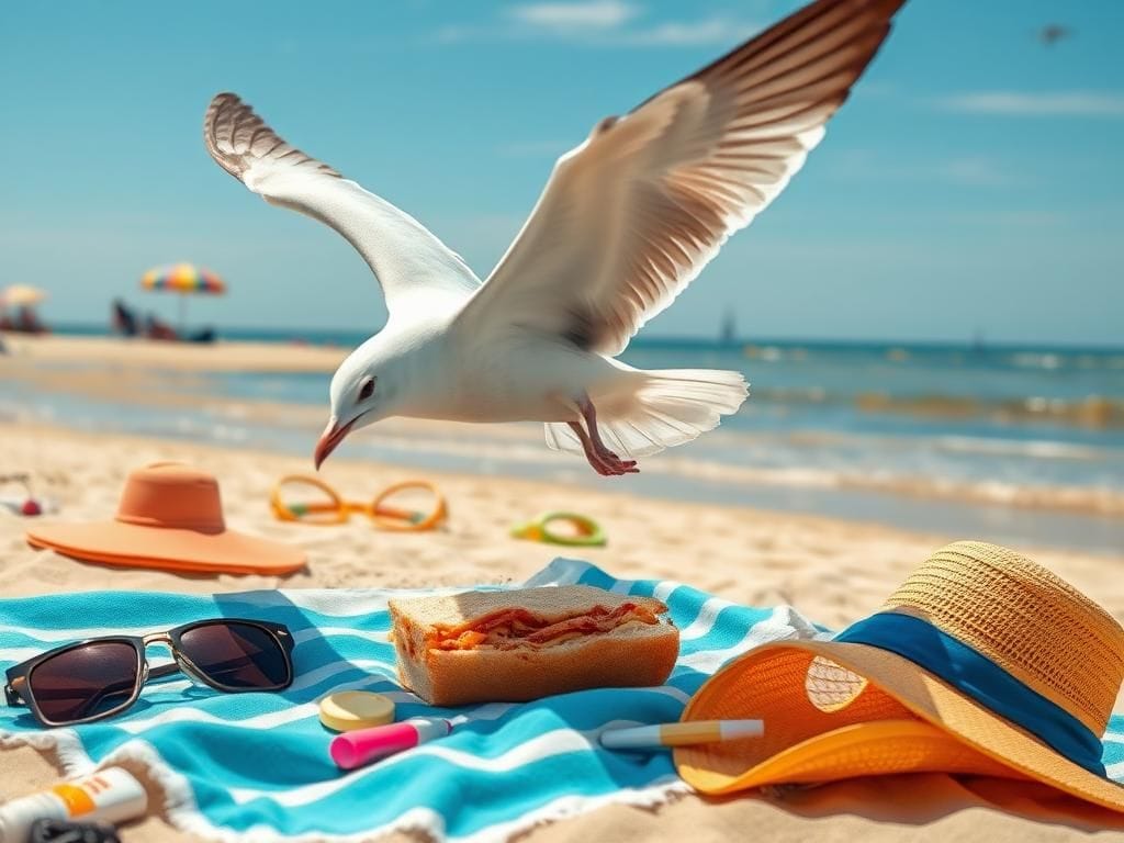 Flick International Seagull swooping down to snatch a sandwich from a surprised beach-goer