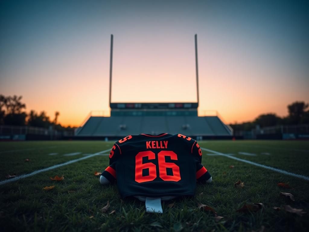 Flick International Empty football field at dusk with goalposts, discarded black and orange jersey on the grass honoring Jeremiah Kelly