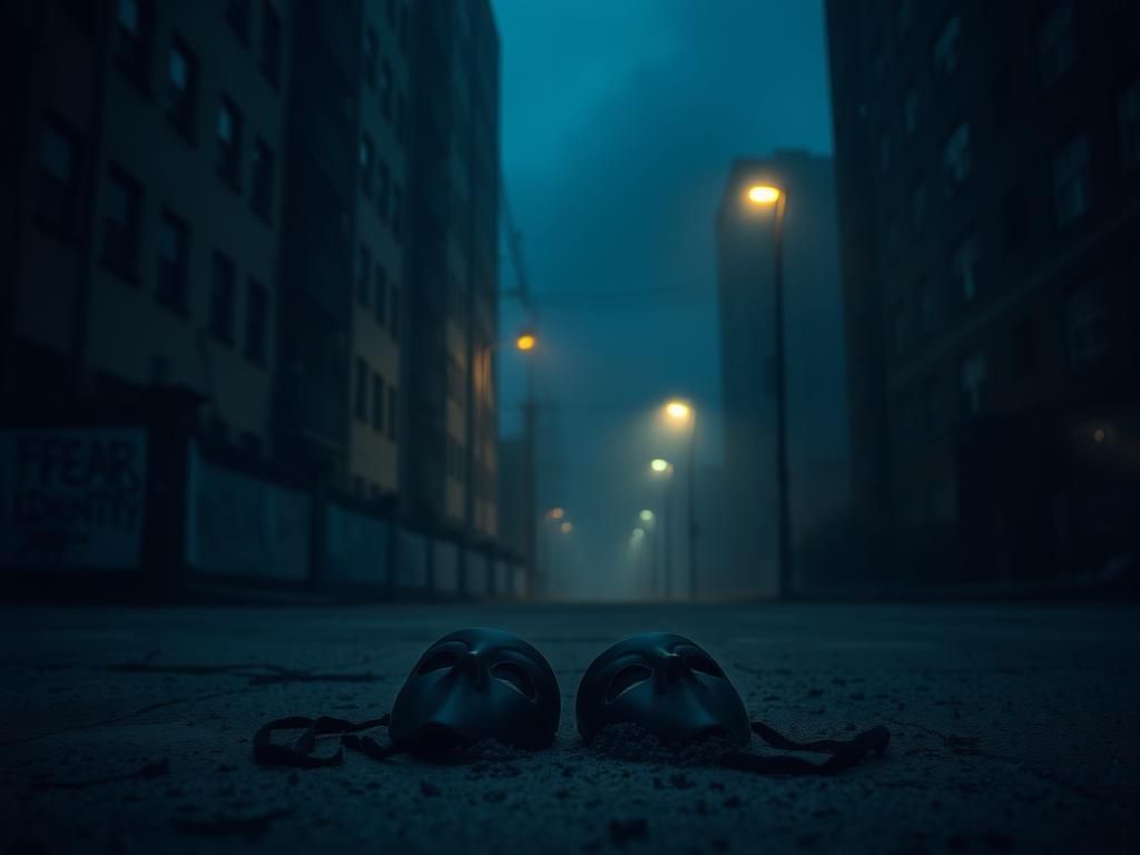 Flick International Ominous shadows and black masks on an abandoned street at dusk