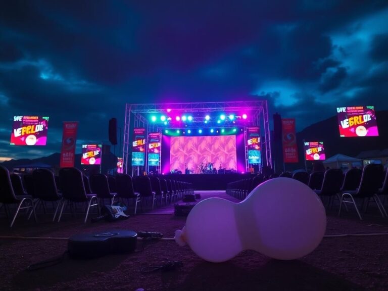 Flick International A vibrant outdoor music festival stage at dusk showcasing diversity banners, with an emphasis on a canceled show for political reasons