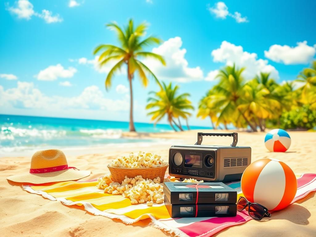 Flick International A vibrant summer-themed beach scene with popcorn and classic movie tapes
