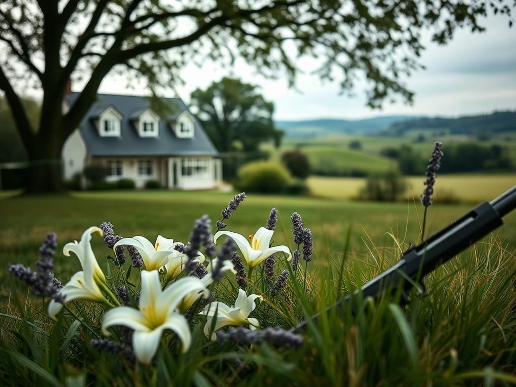 Flick International Tranquil landscape in Wiltshire County with flowers and a firearm hinting at recent tragedy