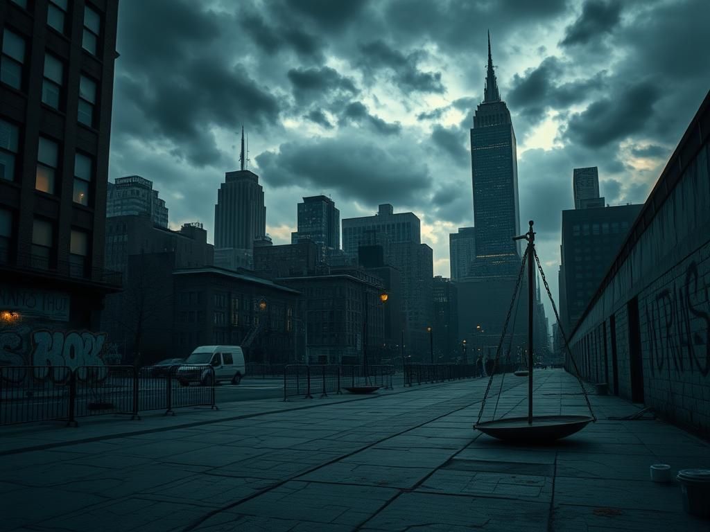 Flick International A somber cityscape of New York City at dusk, depicting dimly lit streets and shadowy buildings reflecting social and economic challenges.