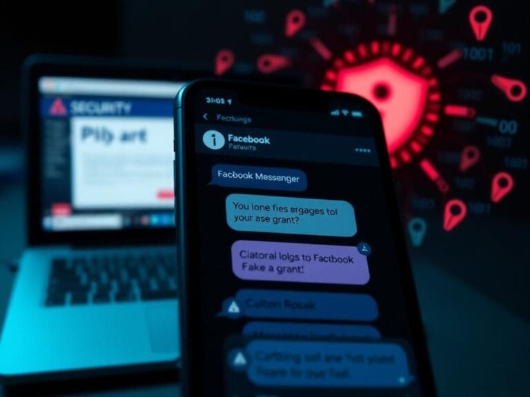 Flick International Close-up of smartphone screen displaying Facebook Messenger conversation about a fake grant