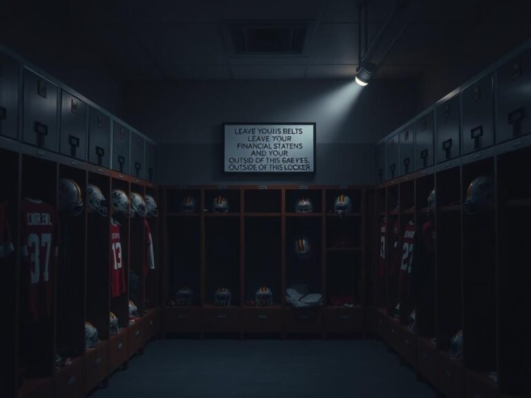 Flick International Dimly lit college football locker room with open lockers showcasing team jerseys and helmets.