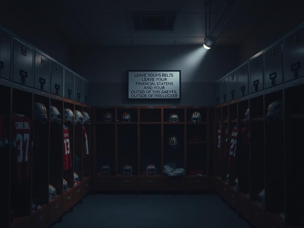 Flick International Dimly lit college football locker room with open lockers showcasing team jerseys and helmets.