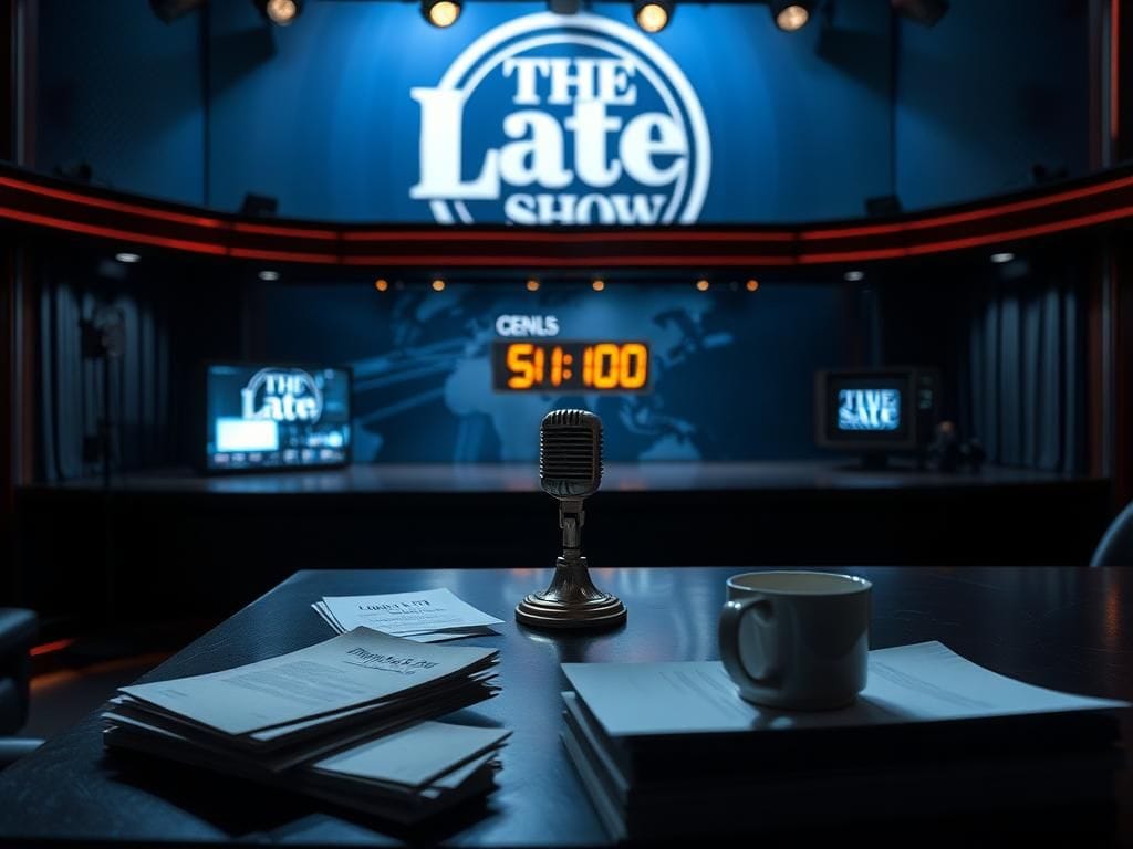 Flick International Dimly lit television studio with an ornate microphone and empty stage