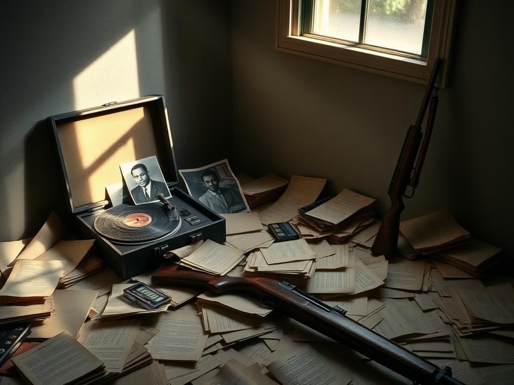 Flick International Dimly lit room with scattered documents and old photographs related to Martin Luther King Jr. and James Earl Ray.