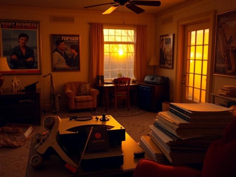 Flick International Nostalgic 1980s living room with vintage decor and film posters