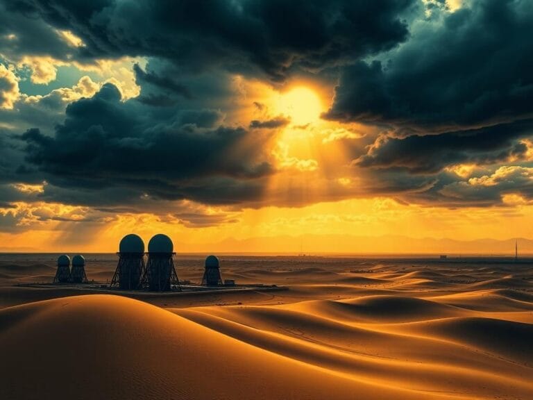 Flick International Dramatic landscape depicting arid terrain and ominous storm clouds representing the Middle East.