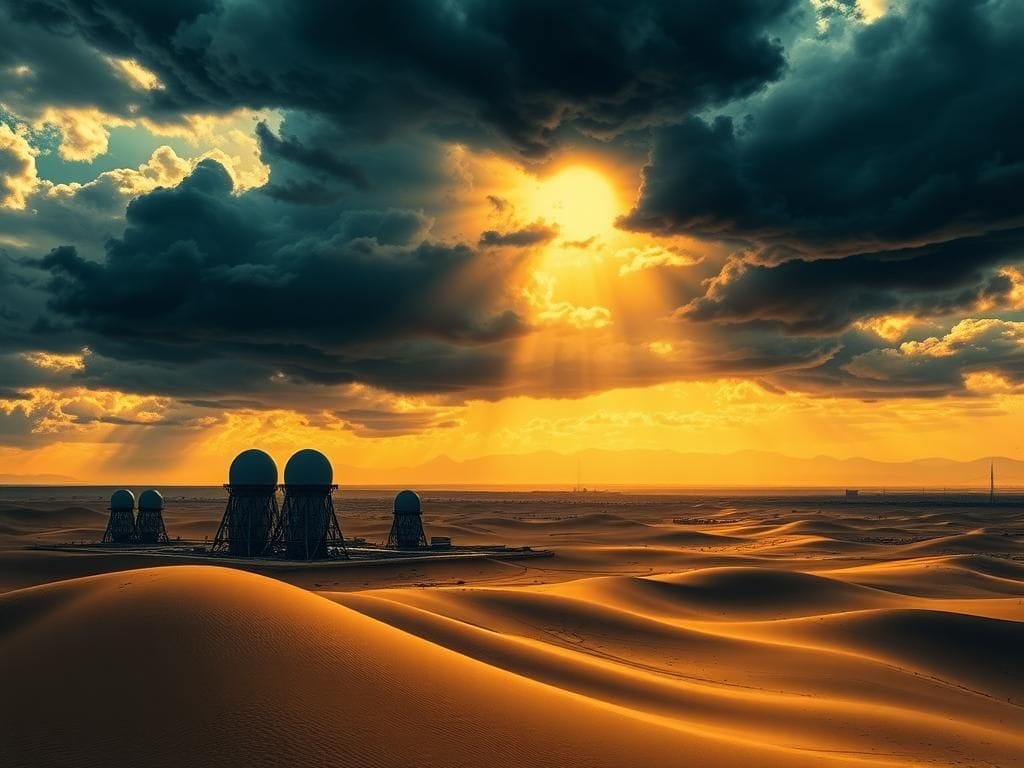 Flick International Dramatic landscape depicting arid terrain and ominous storm clouds representing the Middle East.