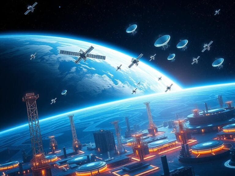 Flick International A vibrant digital representation of the space economy with satellites orbiting Earth and advanced telecommunications infrastructure.