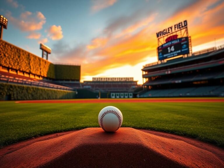 Flick International Serene sunset over Wrigley Field with Rich Hill's baseball on the pitcher's mound