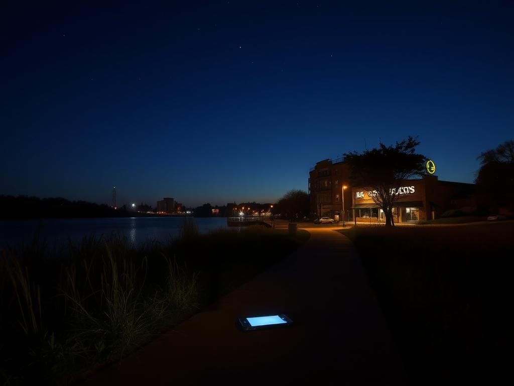 Flick International Nighttime riverside scene along the Mississippi River showing a cellphone on the ground amidst tall grass