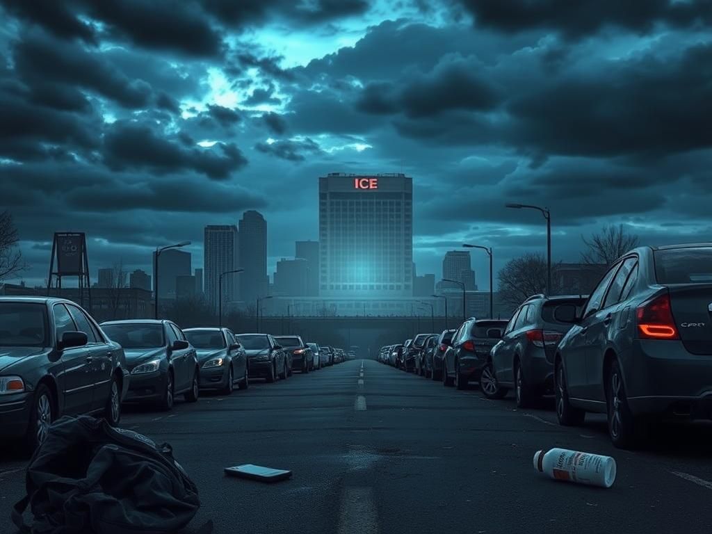 Flick International Dark city skyline of Denver at dusk with ominous clouds and deserted street lined with abandoned cars