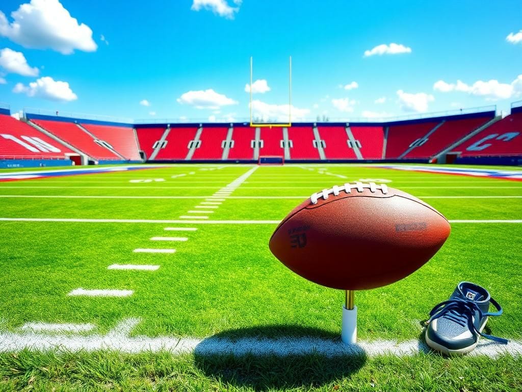 Flick International Empty football field ready for training camp with a football on a tee