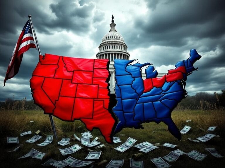 Flick International A cracked map of the United States symbolizing the deep partisan divide over Trump's policies, with one half in red and the other in blue.